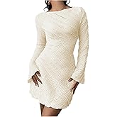 Milumia Women's Textured Backless Long Bell Sleeve Mini Dress Boat Neck Lettuce Trim Short Dresse Going Out