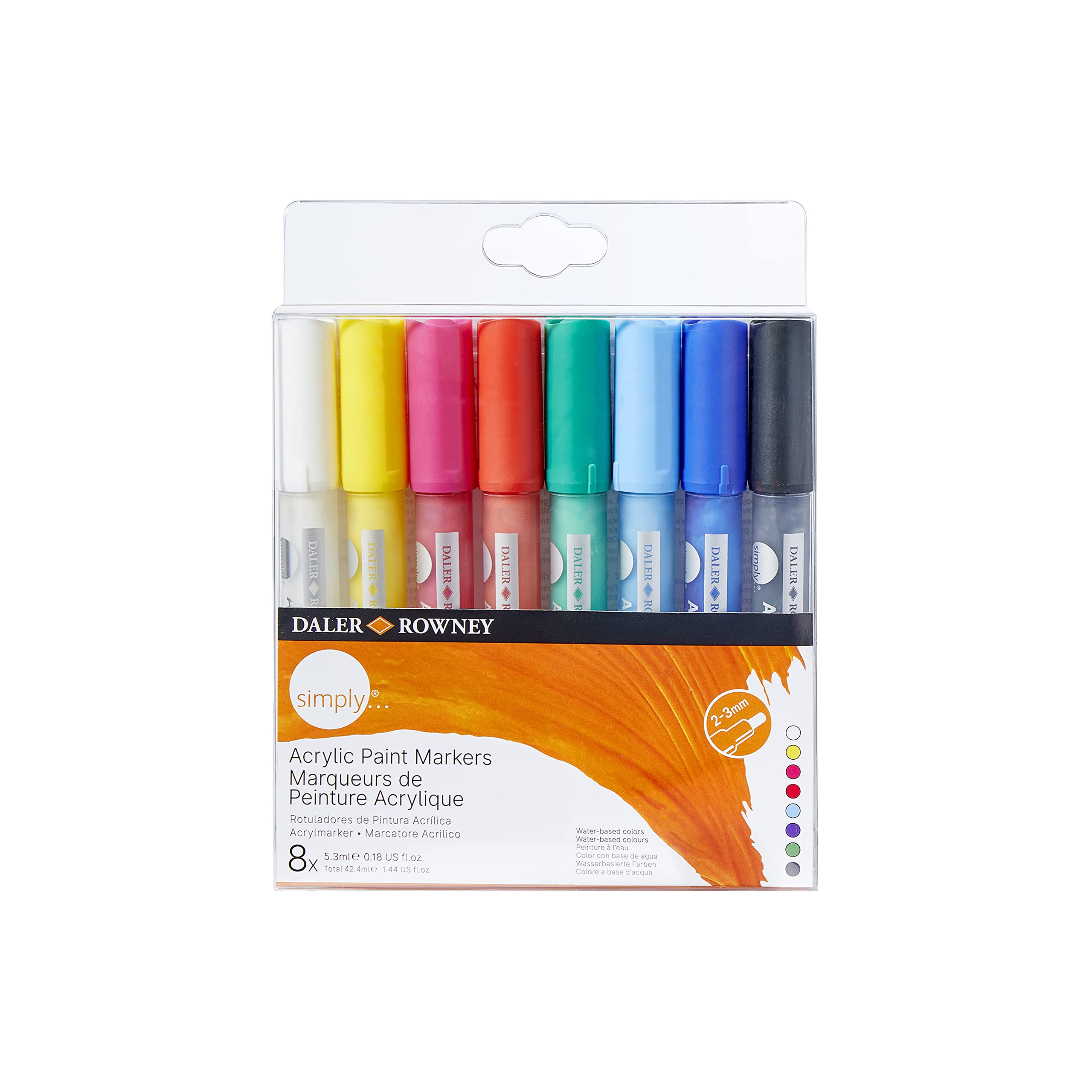 Daler-Rowney Simply Acrylic Marker Pen Set, 8 Assorted Colours, Multi-Surface, Water-Based, 2-3mm Tip, For Entry-Level Artists & Hobbyists