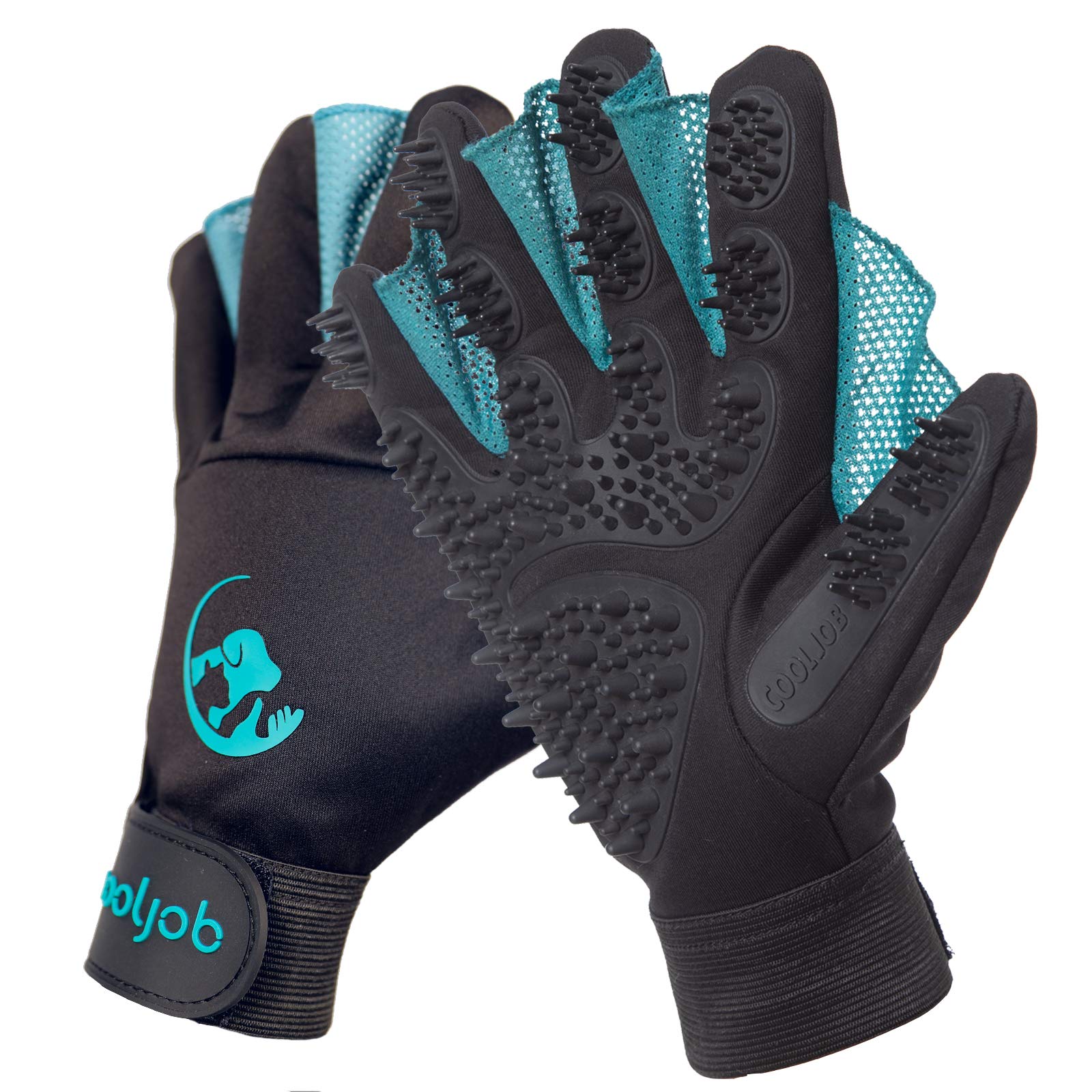 Photo 1 of COOLJOB Patented Pet Grooming Gloves with Web, Reusable Washable Cleaning Brush Massage Hair Remover for Short Long Haired Dog Cat Horse Animal, Washing Bathing Shedding Supplies, Medium, Blue Black