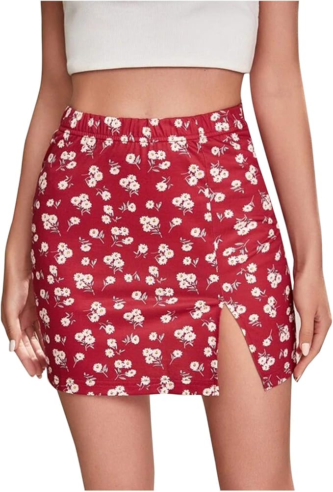 JXQN Women's Summer Elastic Waist Open Side Hem Print Short Skirt Mini