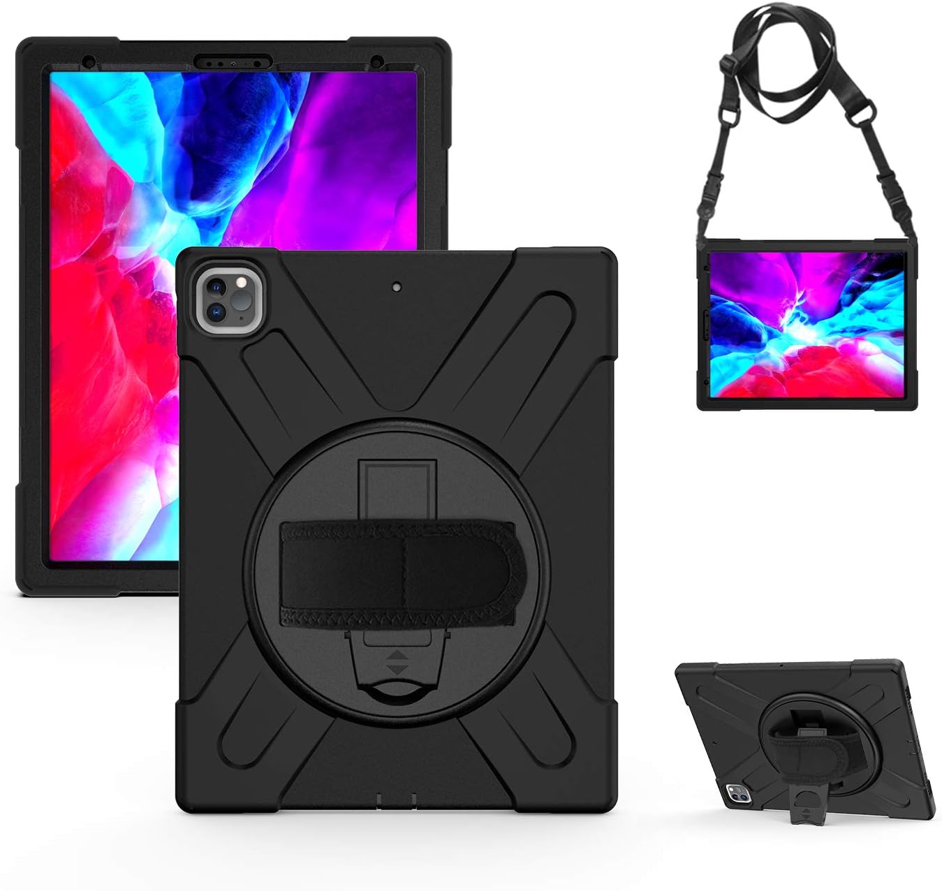 RLTech Case for iPad Pro 12.9 2020, 360 Rotating Heavy Duty Three Layer Armor Shockproof Rugged Protective Cover for iPad Pro 12.9 Inch 2020 with Kickstand, Black