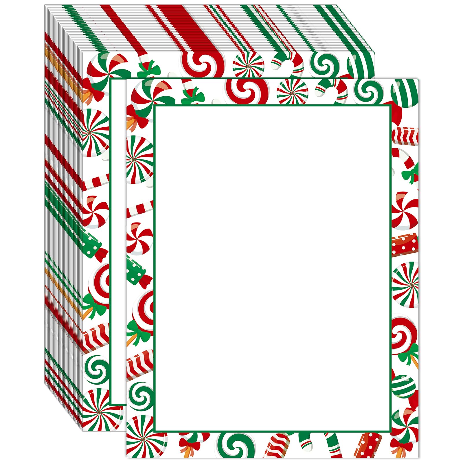 Photo 1 of 100 PCS Peppermint Party Christmas Holiday Letterhead Christmas Candy Cane Border Computer Paper Stationery Paper for Note Letters to Santa Holiday Printer Papers Invitations Office School 8.5 x 11 In