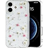 CEOKOK for iPhone 16 Floral Case Glitter Clear with Real Pressed Bling Little Pink Flowers Design Cute Sparkle Slim Soft TPU Transparent Protective Women Girl's Girly Phone Cover Shell