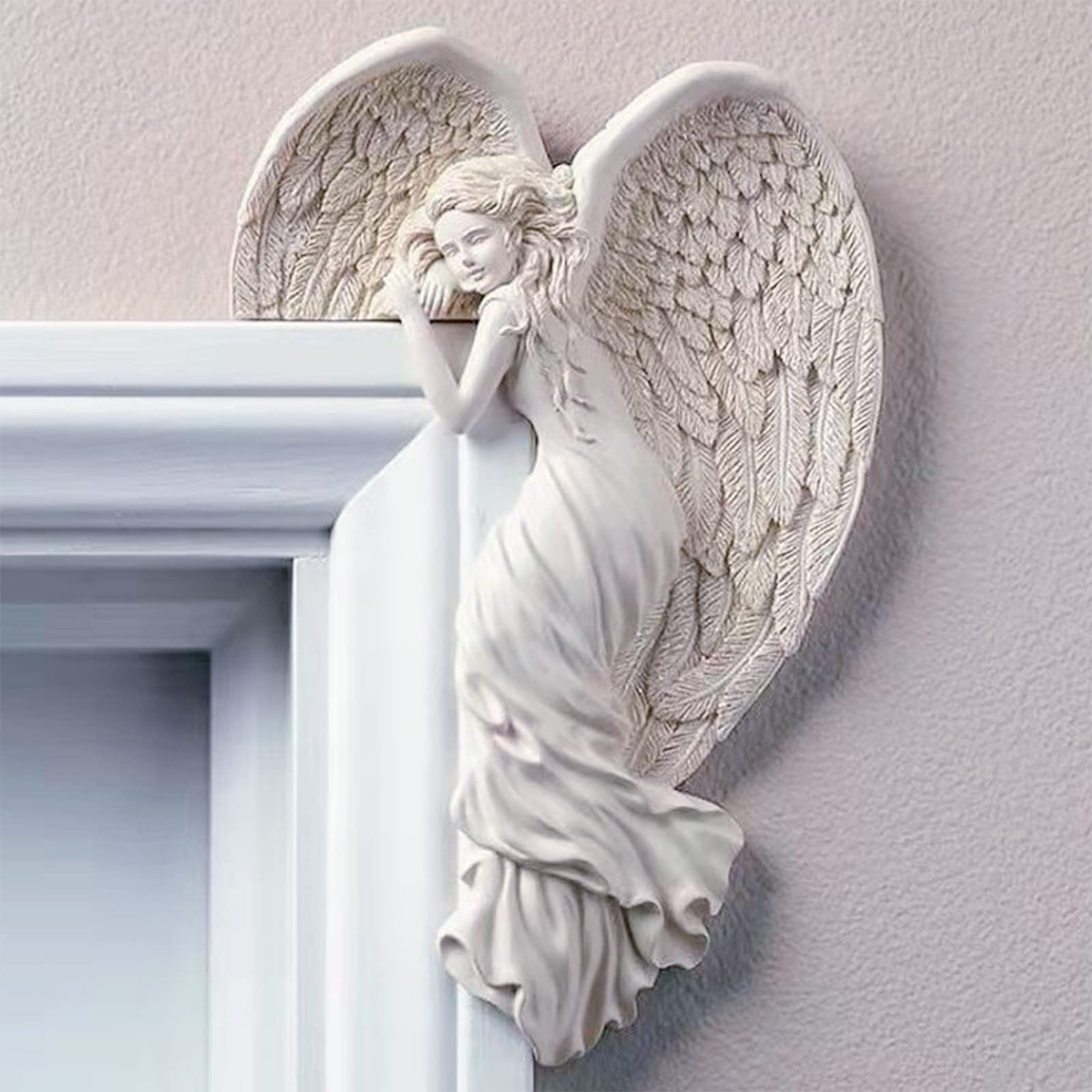 Vintage Shabby Chic Angel Wings Wall Sculpture - Ivory Angelic Figurines for Door Frame, Fireplace & Home Art Decoration