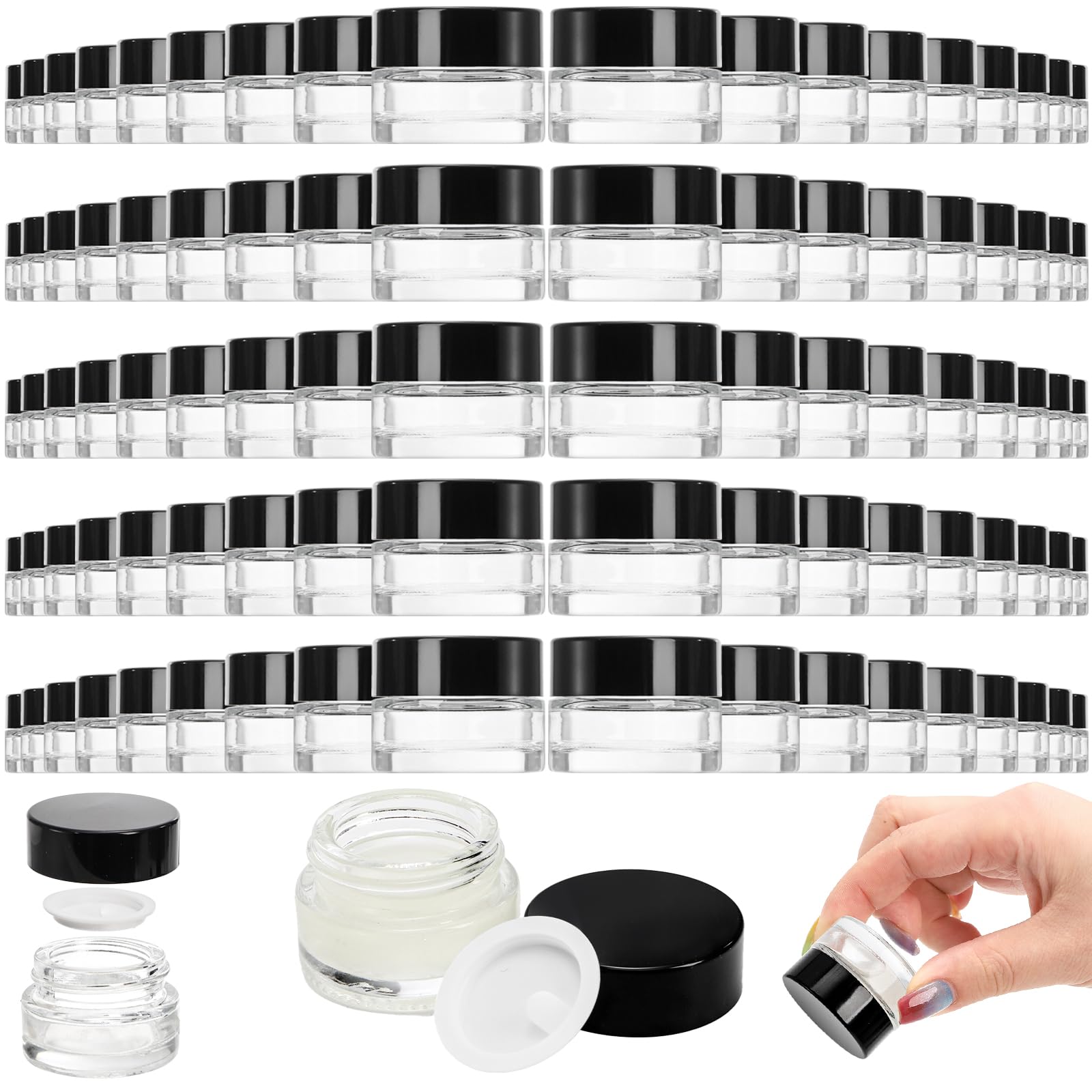 Photo 1 of Coloch 90 Pack 5ml Empty Glass Jars with Black Lid, Clear Airtight Cosmetics Container Bulk Refillable Tiny Sample Jar for Cosmetics, Lotion, Cream, Samples, Wax, Skincare, Travelling, Retail Store