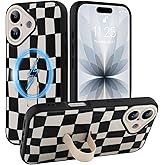 SOKAD Magnetic Checkered Case for iPhone 17 with Finger Strap Kickstand, Compatible with Magsafe, Cute Checkerboard Designed for Women Men, Full Camera Protection Cover, Black & White