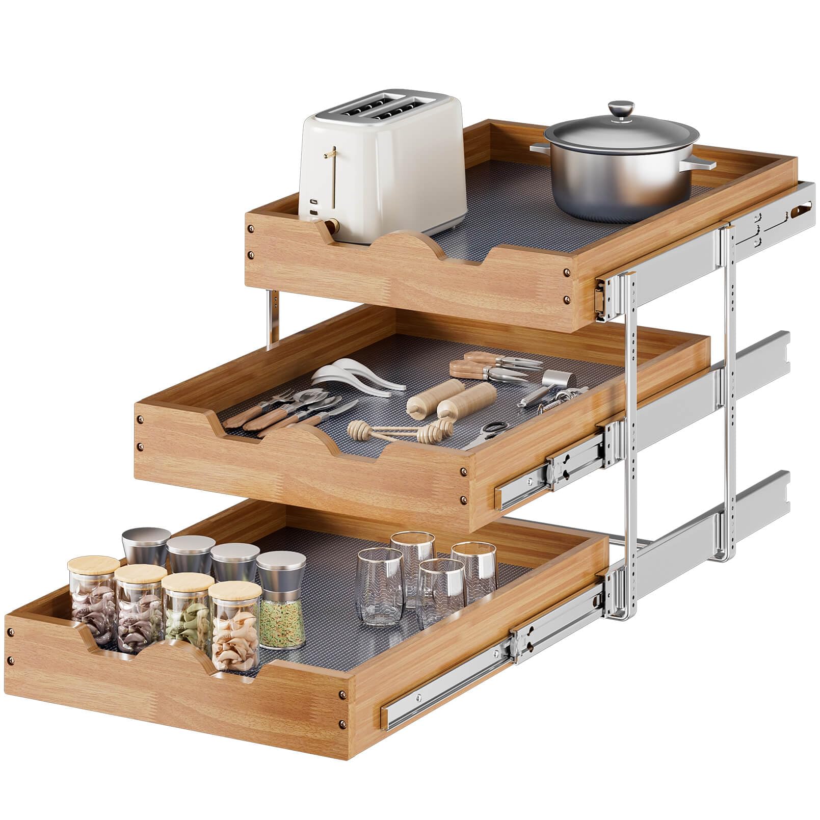 OCG Pull Out Cabinet Drawer 20" W x 21" D, 3 Tier Pull Out Cabinet Organizer, Heavy-Duty Slide Out Drawer for Cabinets, Organization for Kitchen, Pantry, Bathroom Image