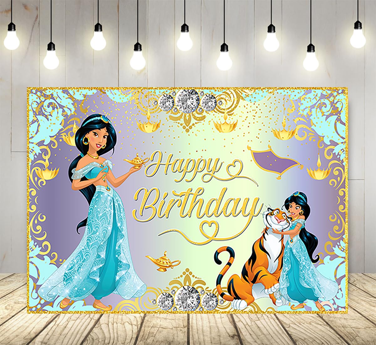 Photo 1 of Blue Princess Jasmine Backdrop for Birthday Party Supplies 5x3ft Aladdin Theme Baby Shower Banner for Birthday Party Cake Table Decoration
