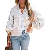 myzgx Women's Fall Casual Cropped Waffle Knit Jacket Button Down Spliced Denim Shacket Tops