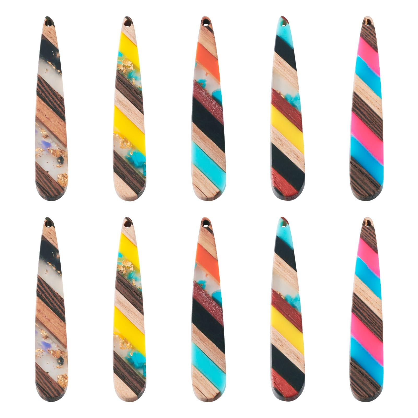 Crafans 5 Colors Teardrop Resin & Walnut Wood Pendants Stripe Effective with Gold Foil Charms Colorful Transparent Resin Wood Pendants for Jewelry Making