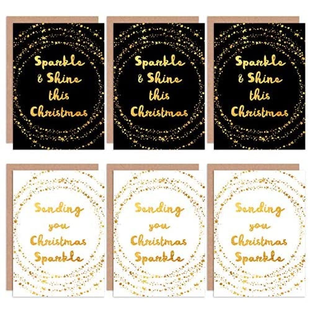 Wee Blue Coo Christmas Cards x6 Gold Sparkle Shine Stars Set (2 Designs)