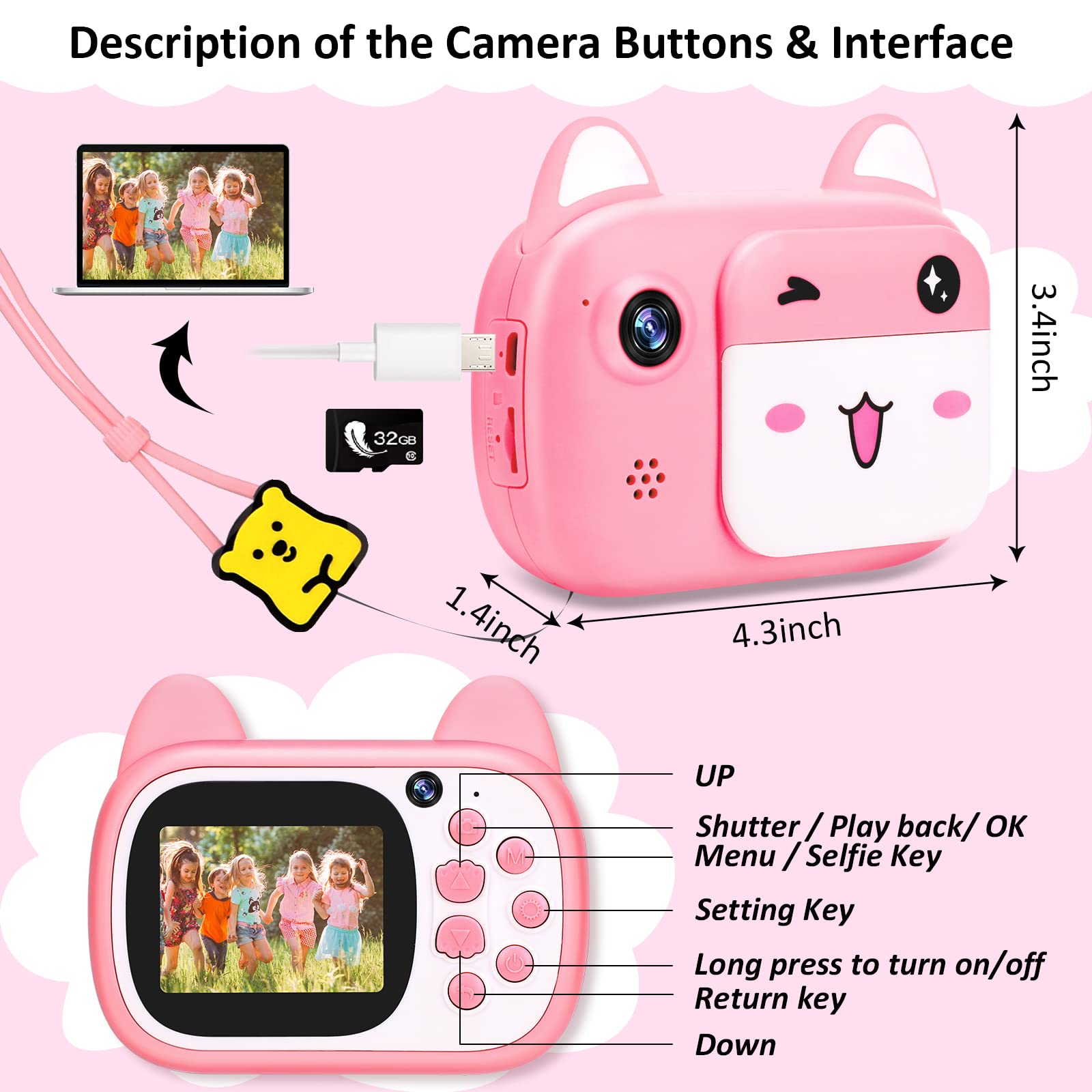1080P HD Selfie Video Kids Camera Toys with 32GB SD Card, Digital Camera for Kids,Toddler Camera for Girls & Boys as Birthday Gifts, Pink