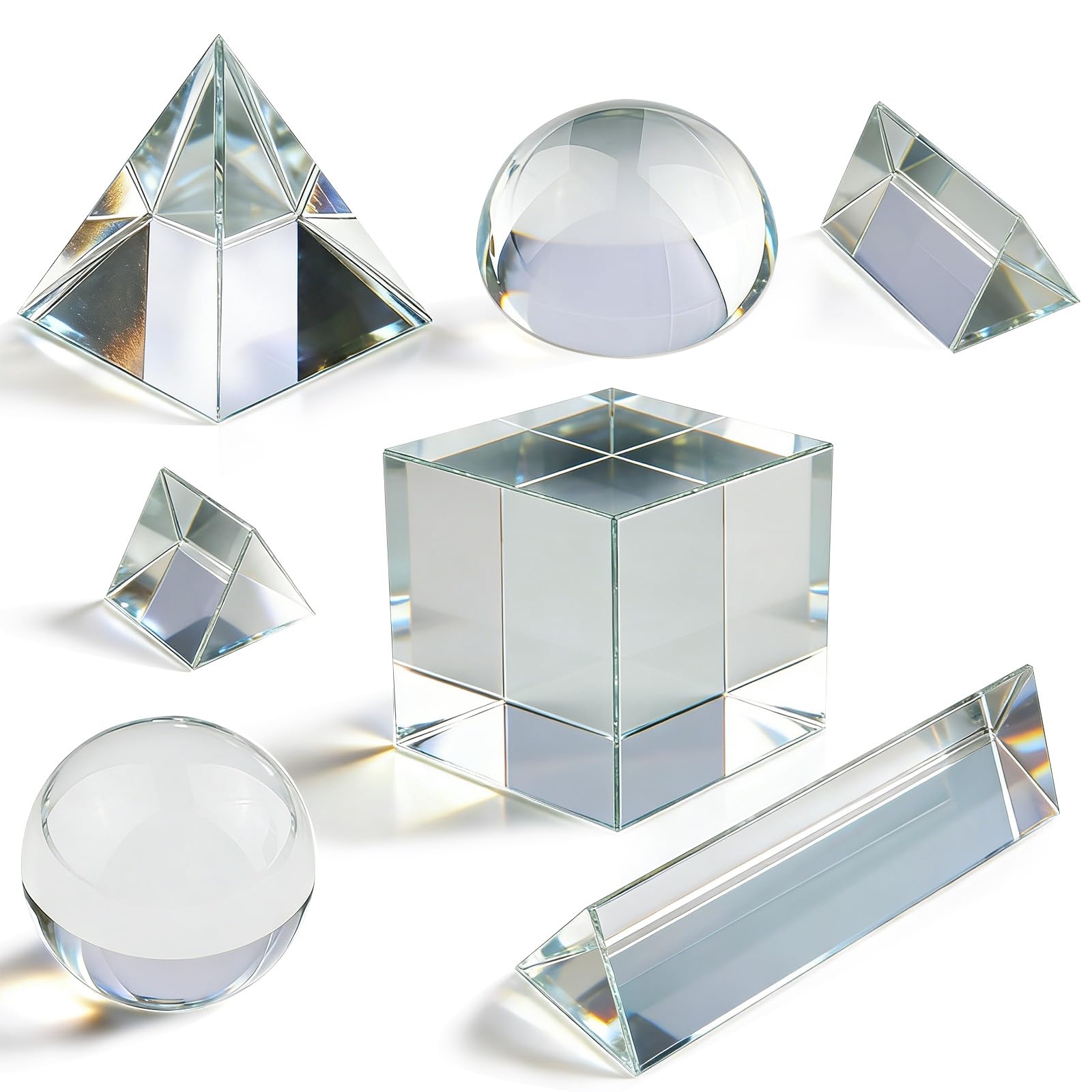 Photo 1 of 7 Pack K9 Optical Crystal Photography Prism Set, Include 1-4in Triangular Prism, 2in Crystal Glass Prism Cube, 2in Crystal Ball, 2in Dome Magnifier, Light Prism for Physics Teaching Photography Play