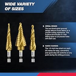 NEIKO 10181A Step Drill Bit Set, 3 Piece, Spiral