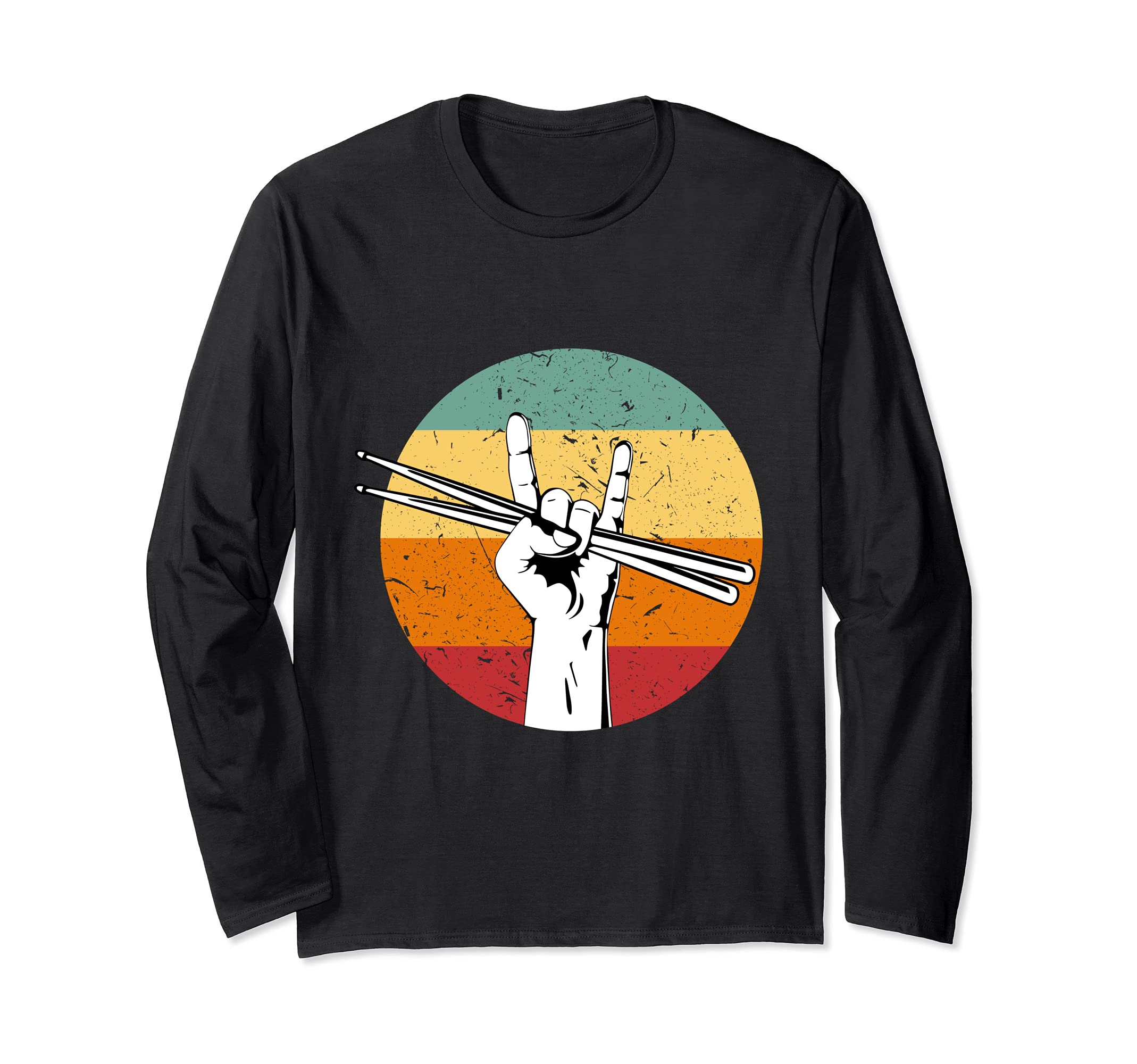 Rock Hand Sign Retro Drumsticks Drum Player Music Long Sleeve T-Shirt