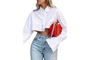 Remidoo Women's Asymmetrical Hem Long Sleeve Cropped Button Up Shirt Crop Top Blouse Streetwear