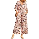 Yousify Womens Casual Summer Floral Jumpsuits Half Sleeve Wide Leg Long Pant Rompers One Piece Beach Vacation Outfits