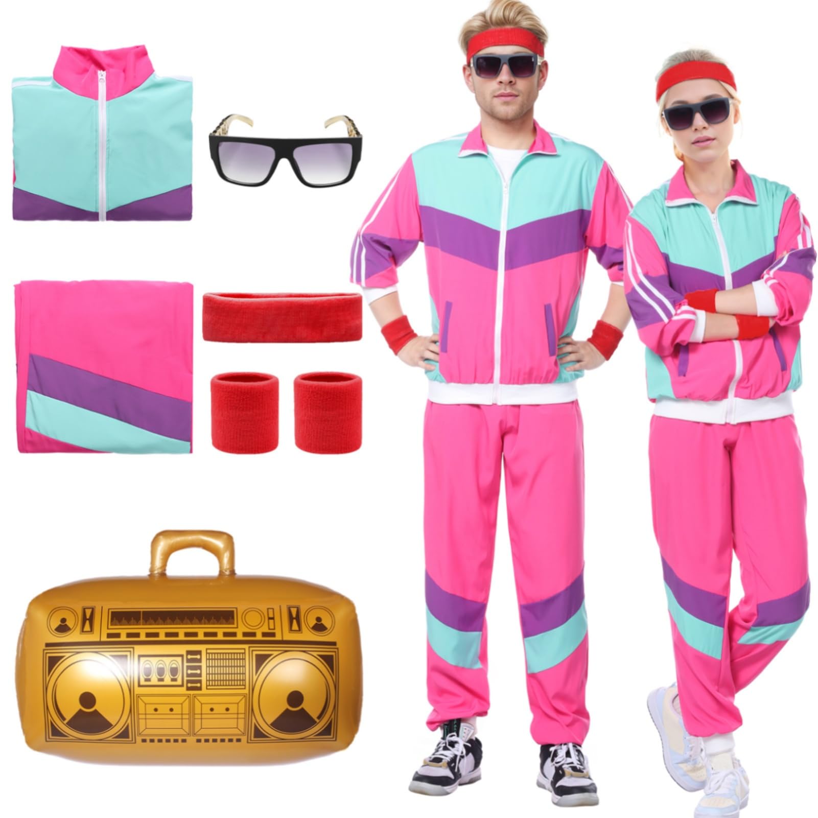 Suffolly 90s Fancy Dress Costumes,Shell Suits for Men Women,Retro 80s Fancy Dress,Halloween Costumes Adult Couples,Tracksuit for Halloween,Disco,Stag Nights,Holidays,Theme Party(Rose, L)