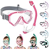 Vvinca Snorkeling Gear for Kids Dry Top Kids Snorkel Set for Boys Girls Junior Youth Children Age 3-14 Swim Goggles with Nose Cover Anti-Fog Panoramic View Adjustable Elastic Diving Mask and Snorkel