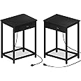 CADUKE Black Night Stand Set of 2 Bedside Table with Charging Station Small End Table with USB Ports and Power Outlets for Bedroom Living Room