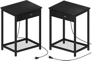 FAGIGY Black Night Stand Set of 2 Bedside Table with Charging Station Small End Table with USB Ports and Power Outlets for Be