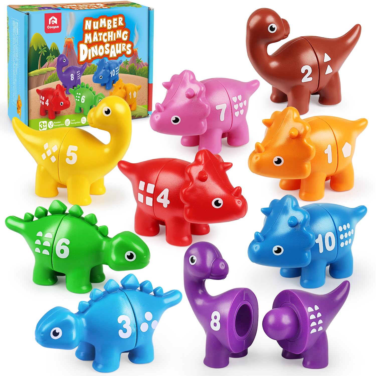 Coogam Numbers Matching Game 10PCS, 123 Counting Dinosaur Toys, Educational Preschool Fine Motor Skill Mathematics Learning Toys for 2 3 4 Years Old