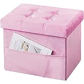 VewePata Storage Ottoman Foot Stool, 17 inches Folding Ottoman with Storages, Velvet Storage Bench with Side Pocket, Foot Rest for Living Room, Bedroom (Pink)