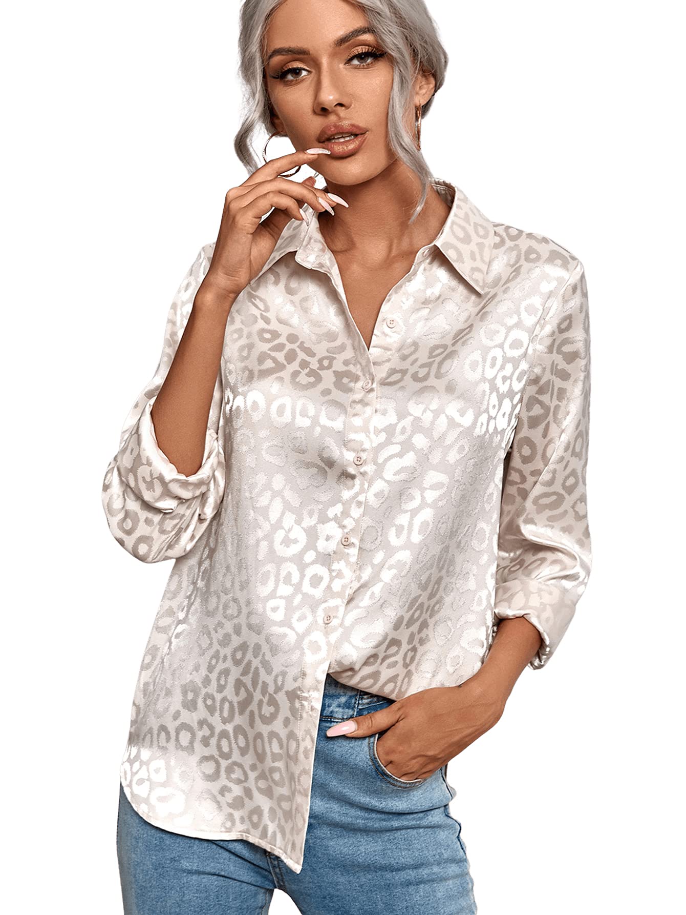 MakeMeChic Women's Satin Silk Long Sleeve Blouse