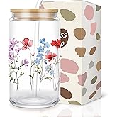 Pfkfo Flower Aesthetic Cups, 16oz Cute Glass Cups With Lids And Straws, Aesthetic Iced Coffee Cup, Flower Glass Cup Gifts For Women, Floral Glass Cup, Gifts For Her Women Mom Birthday