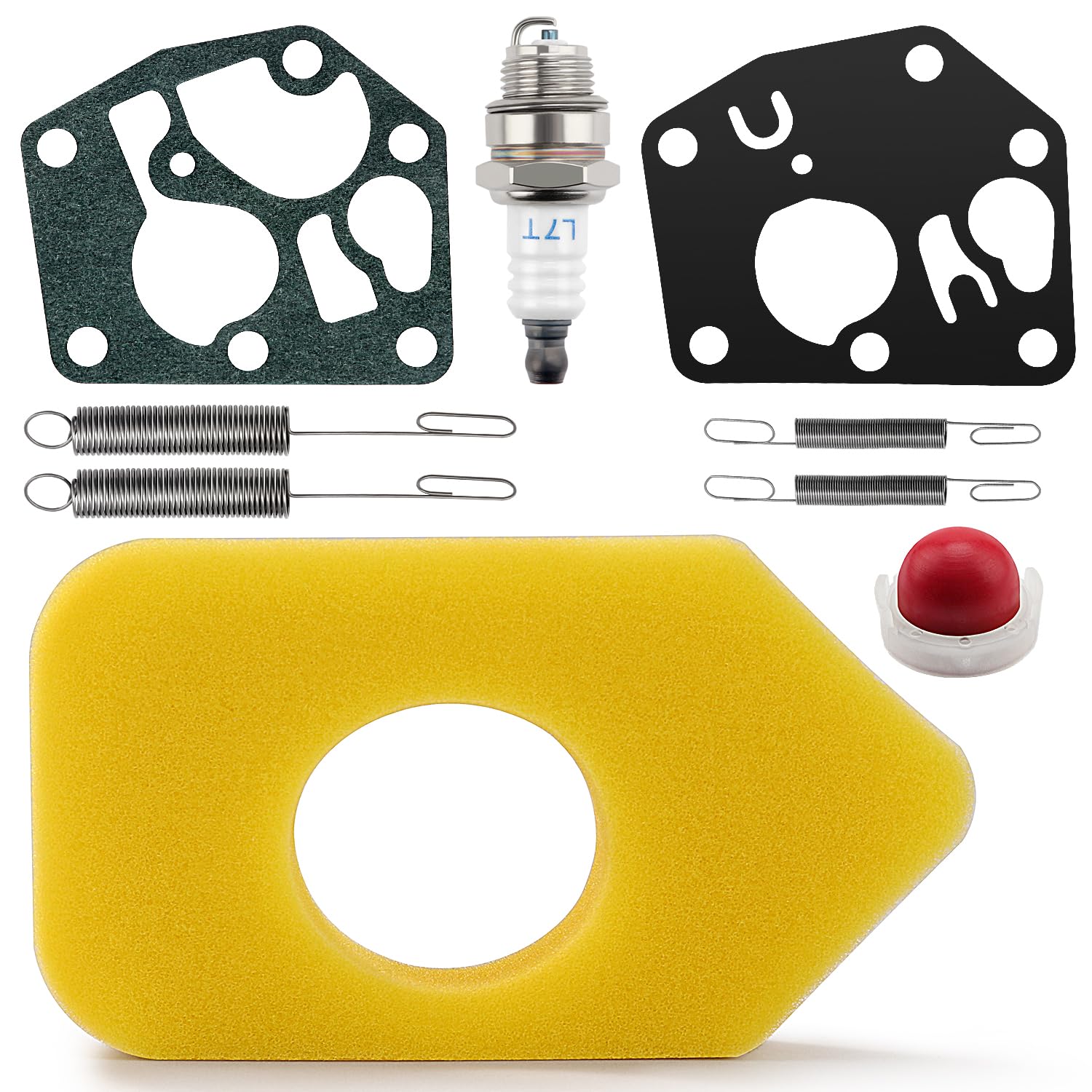 VooGenzek 8 PCS Lawn Mower Service Kit, Spark Plug L7T, Primer Bulbs 694394, 698369 Foam Air Filter, Governor Springs 692211 691859, Carburettor Diaphragm Gasket 795083 495770