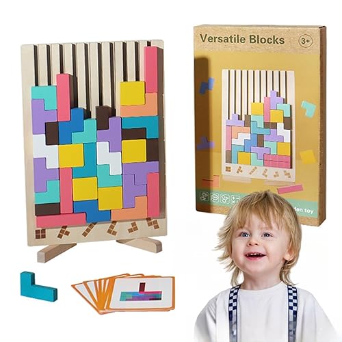 Wood Stacking Puzzle Toy, 3D Montessori Wooden Stacking Puzzles Toy Wooden Puzzle Board Geometric Builiding toys Stress Relief Colorful Game with 10 Cards Stress Relief Toys for Adults and Kids (A1)
