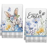 Cloudfomila Happy Easter Bunny Kitchen Towels, Farmhouse Egg Flowers Dish Towels Set of 2, Spring Watercolor Wildflower 18 x 26 Inch Hand Towel Quick Drying Dishcloth Decor for Kitchen Bathroom Home