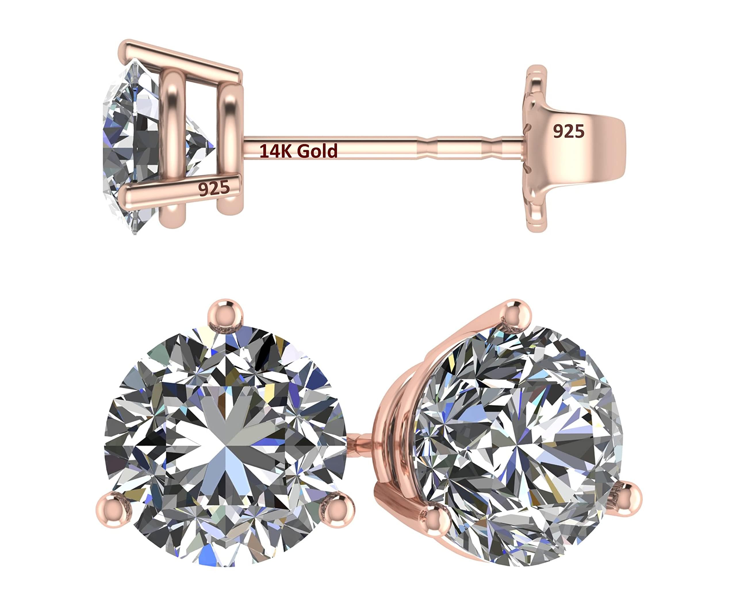 14K Gold Post & Sterling Silver Zirconia 3 Prong Martini Stud Earrings - Rose Gold Plated 7.50mm 3.00cttw