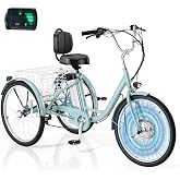 DNYKER Electric Trike for Adults,Peak 500W Brushless Motor, E-Trike with 24" x 2" Tires, Removable Battery, Charger,Step-Thru 3-Wheel Electric Bicycle, Up to 55 Miles Range, 15.5MPH+ Speed