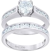 Jewels By Lux Sterling Silver Women's Cubic-Zirconia Duo Bridal Anniversary Wedding Engagement Band Ring Set