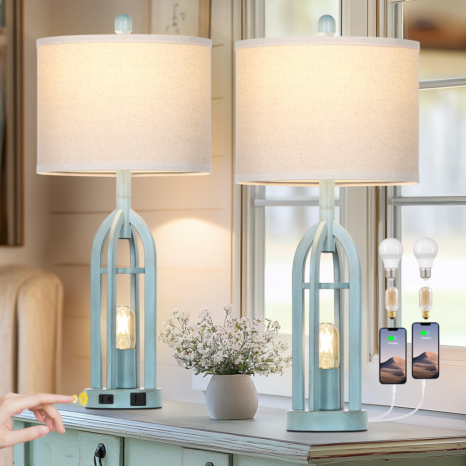 Photo 1 of ****ONE ONLY, NO SHADE****
27" Farmhouse Table Lamps for Living Room,Blue Vintage Lamps Set of 1 with USB A+C Charging Ports & AC Outlet, Retro Nightstand Lamp with Fabric Shade for Bedroom, Entryway(4 Bulbs Included)