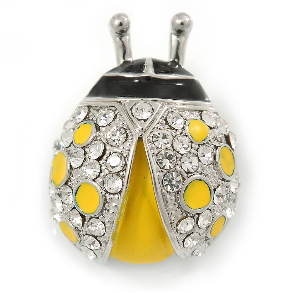 Yellow/Black Enamel Crystal Ladybug Brooch In Rhodium Plating - 35mm L