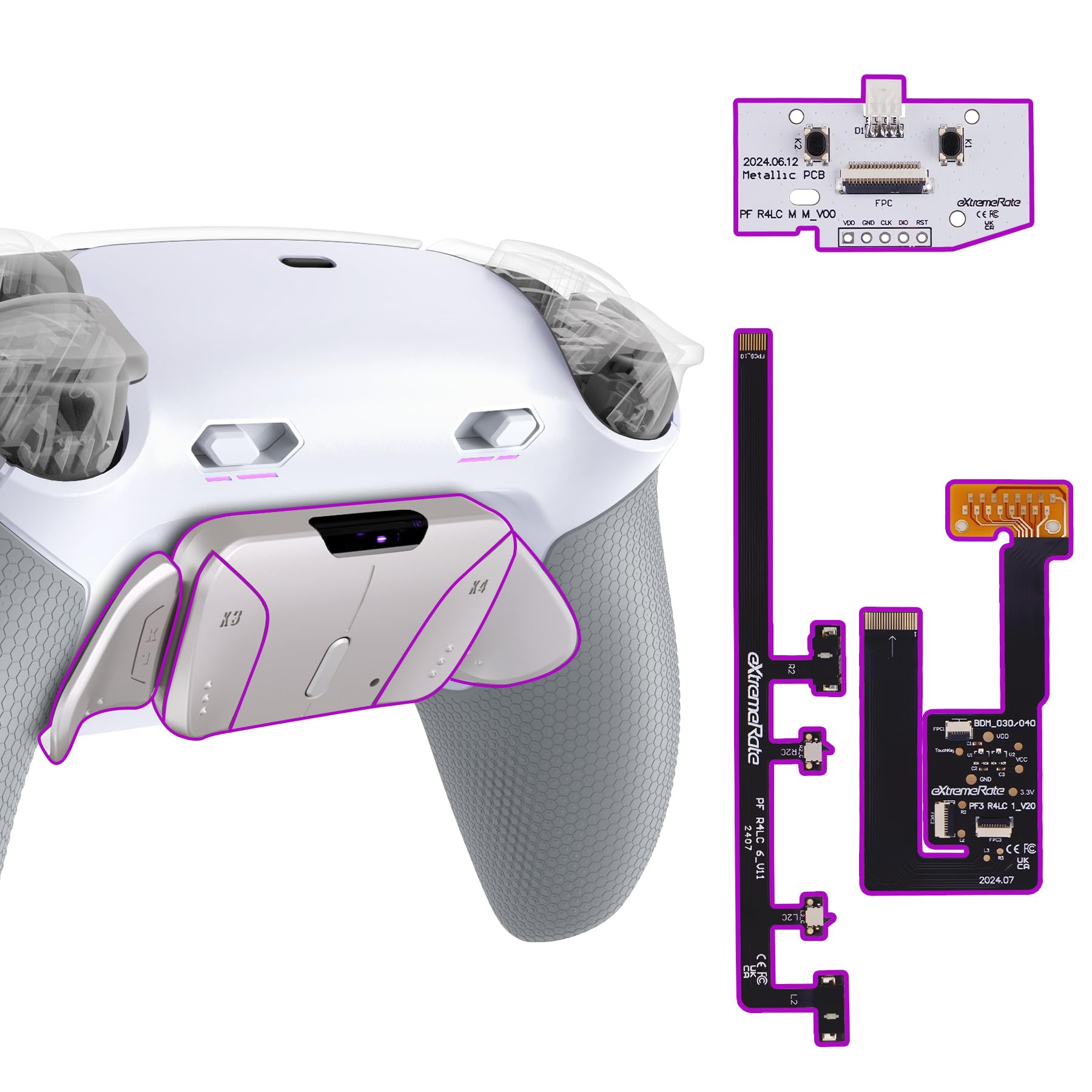 eXtremeRate RISE4 Plus MAX RMB Back Paddles Kit with Clicky Trigger Stops & Rubberized Grip for PS5 Controller BDM-030 040 050, Remappable Real Metal Back Buttons Kit for PS5 Controller – White Gray