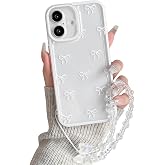 NITITOP Compatible for iPhone 17 Case Cute Ribbon Bow - White | Clear, Stylish, Durable bowknot, With chain wrist strap, For girls women, Soft TPU, Shockproof, Waterproof