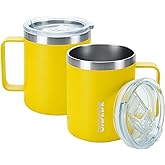 BJPKPK 2 pcs Insulated Coffee Mug, 14oz Insulated Tumbler with Lid, Stainless Steel Coffee Cups with Splash Proof Lid-Yellow