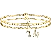 Ursteel Ankle Bracelets for Women, 14K-Gold-Plated Dainty Layered Chain CZ Initial Anklets Set Summer Jewelry Gifts for Women