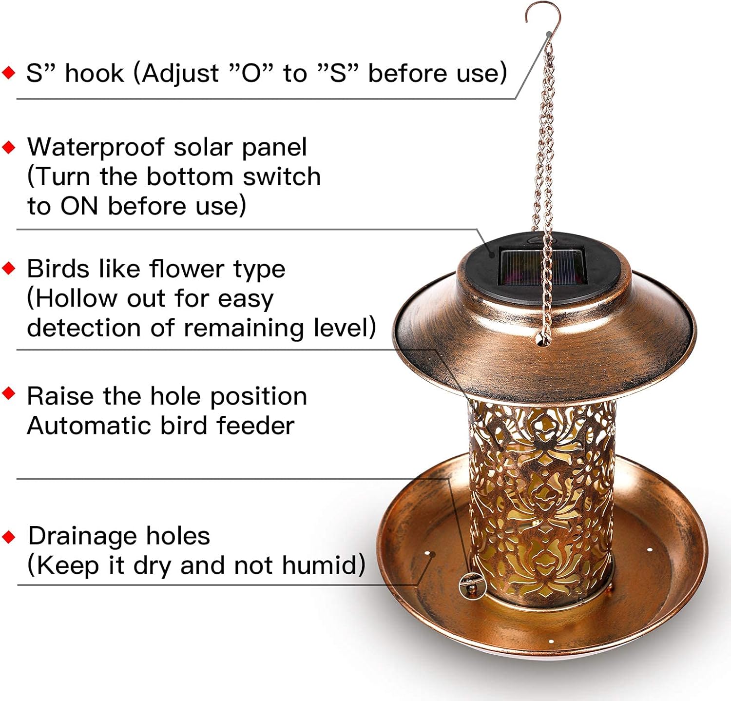 SWEETFULL Solar Wild Bird Feeders, Hanging Bird Feeder for Outside Solar Bird Houses with Hook as Gift Ideas for Bird Lovers(13In Metal Pattern) : Garden & Outdoor