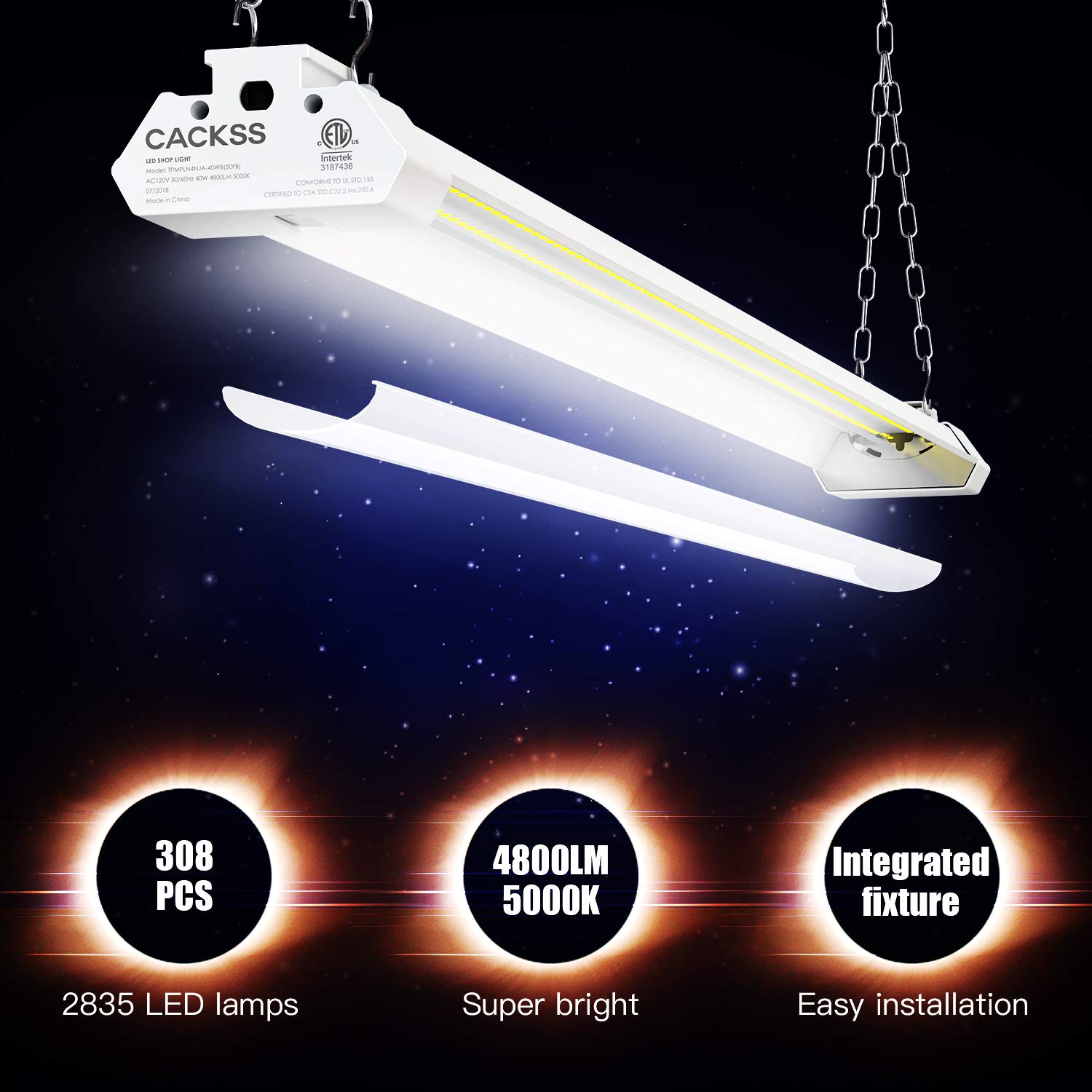 Linkable LED Shop Light for Garage, 40W 4800LM worklight Fixture with Pull Chain, 5000K Super Bright LED Utility Light, Ceiling 4FT Light, for Workshops Basement Storage Workbench, ETL Listed, Pack 4