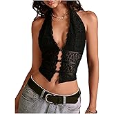 SOLY HUX Women's Lace Deep V Neck Halter Top Y2k Going Out Crop Tank Shirts Festival Rave Outfits