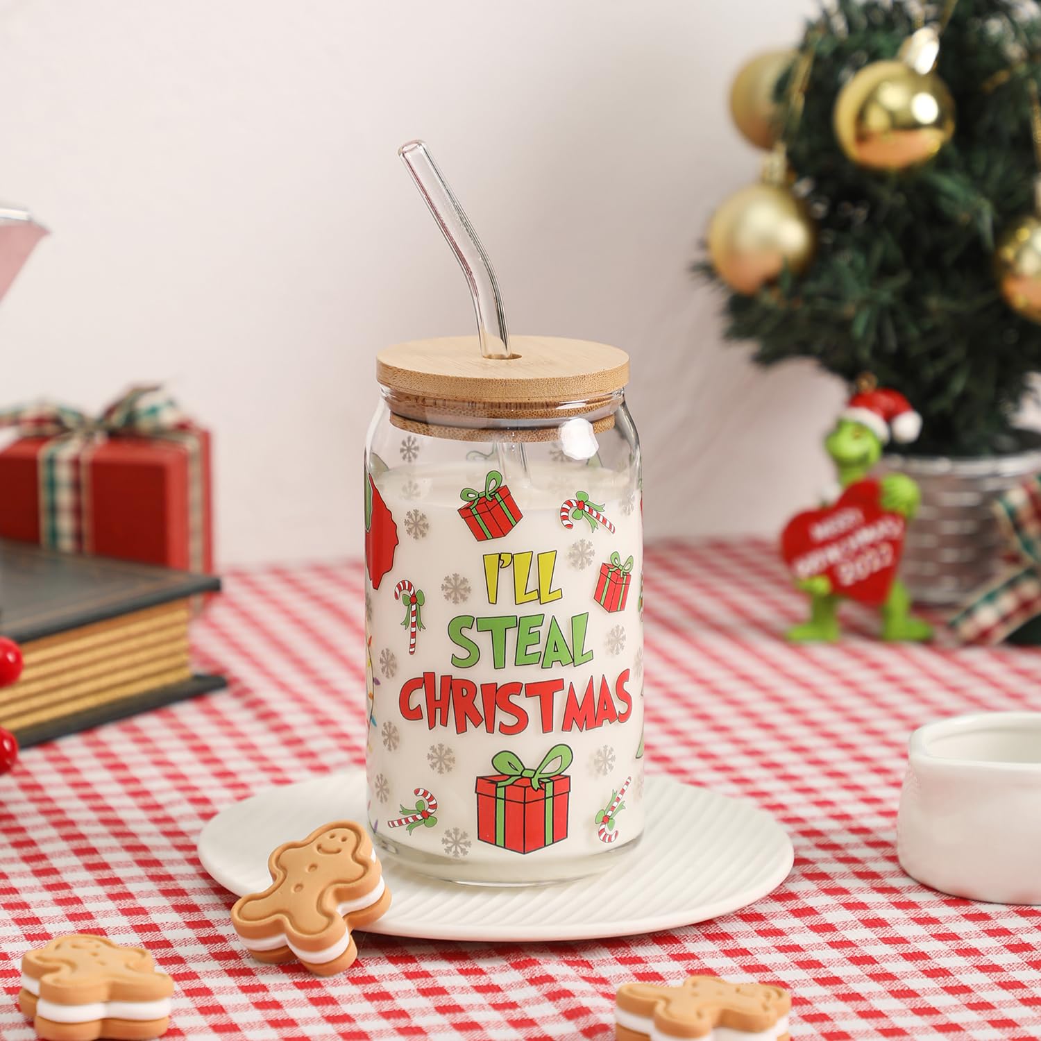 Photo 1 of WODOHOLO Christmas Cups 16oz Coffee Can Glass Cups with Lids and Straws Tree Tumbler Drinking Glasses Iced Coffee Cups Decor Glass Water Bottles Gift for Women Kids Men