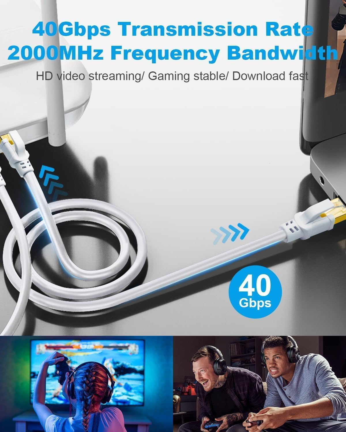 DDMALL CAT 8 Ethernet Kabel 5 Meter, Hochgeschwindigkeit F/FTP Netzwerkkabel 40Gbps 2000MHz Internet LAN Kabel mit Vergoldetem RJ45 für Router, Modem, Gaming (5m, weiß) 3