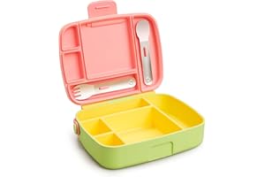 Munchkin Lunch Bento Box for Kids and Toddlers, Includes Stainless Steel Utensils, BPA-Free, 18 Months and Up, Pink/Green/Yellow