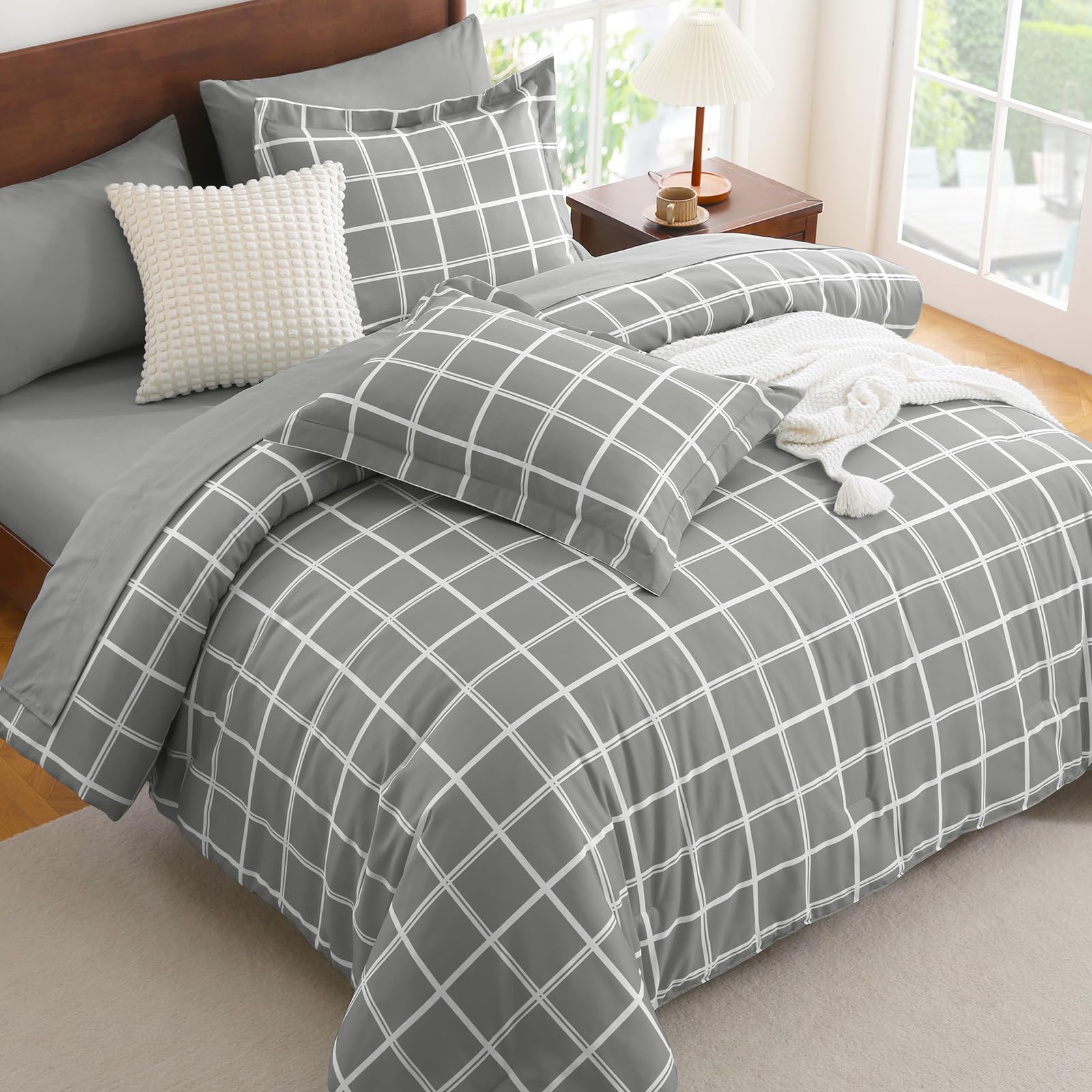 Photo 1 of CozyLux Queen Comforter Set with Sheets - 7 Pieces Plaid Bed in a Bag Set Grey, Soft Queen Bedding Sets Bed Set with All Season Quilted Comforter, Flat Sheet, Fitted Sheet, Pillowcases & Pillow Shams