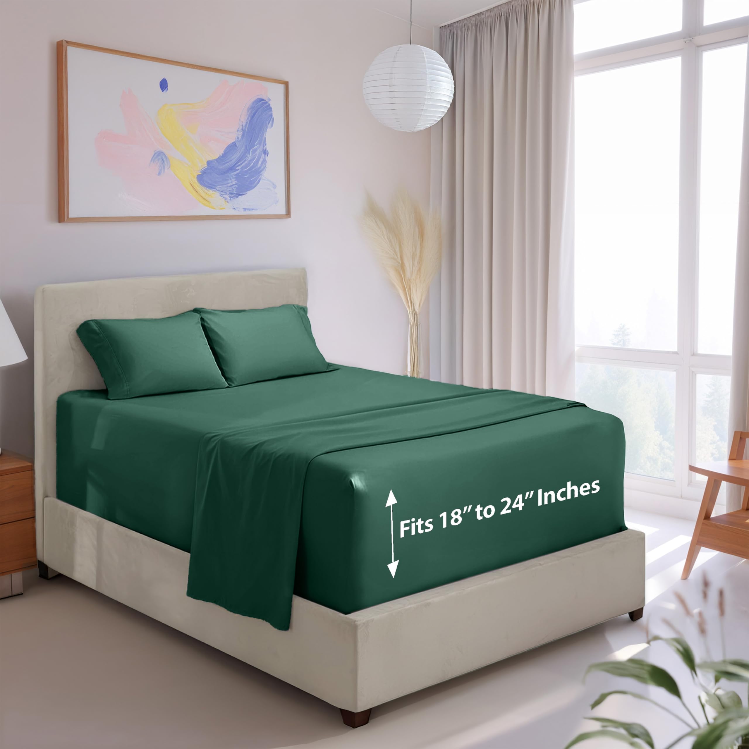 Hearth & Harbor Extra Deep Pocket Queen Size Sheets - 4 Piece Hotel Luxury Queen Size Sheet Set Fits Up to 24" Mattress - Ultra Soft Luxury Bed Sheet Set - Queen, Forest Green Image