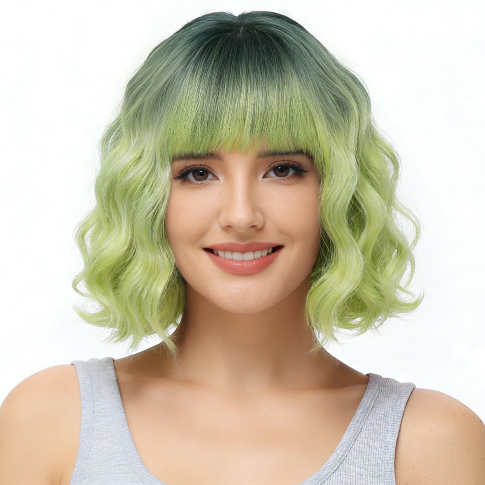 BUYOGET Wavy Bob Wig with Bangs Synthetic Hair Shoulder Length 12 Inch Short Curly Beetlejuice Wigs for Women Ombre Green